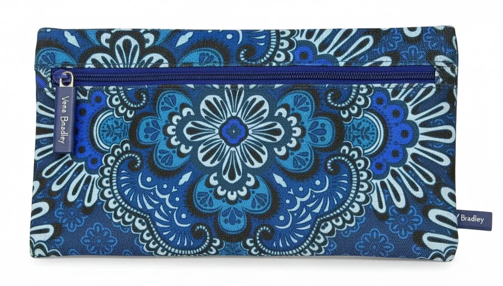 Vera Bradley Blue Paisley Double Sided Pencil Pouch Travel Makeup Bag Canvas